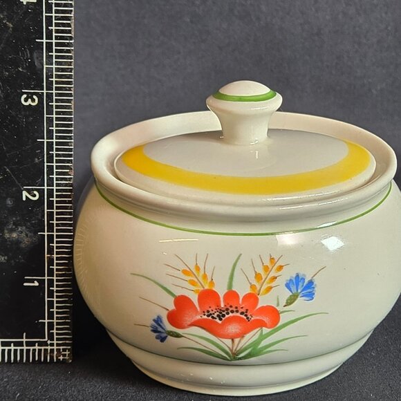 Vintage Arabia Sugar Bowl w Lid Finland Vintage Orange Poppy Red Yellow Suomi 3" - Picture 9 of 11